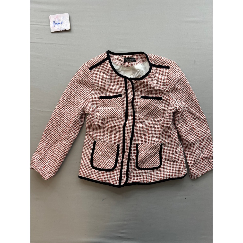 Katherine New York Red White Tweed Collarless Jacket Black Trim Small